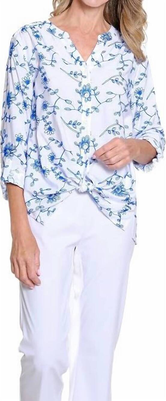 NEW MULTIPLES embroidered tie front blouse in blue and white